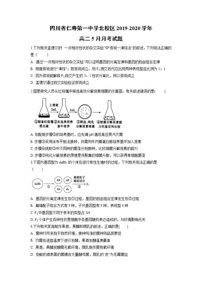 【生物】四川省仁寿第一中学北校区2019-2020学年高二5月月考试题01