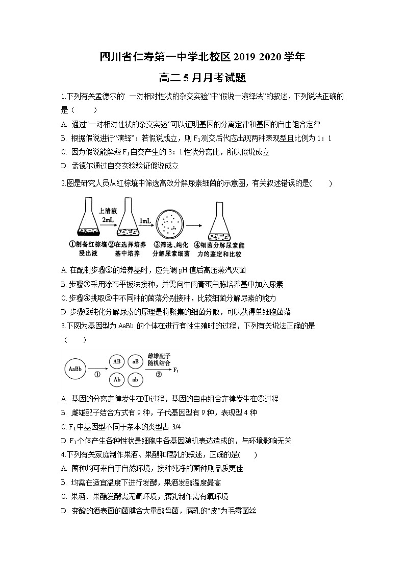 【生物】四川省仁寿第一中学北校区2019-2020学年高二5月月考试题第1页