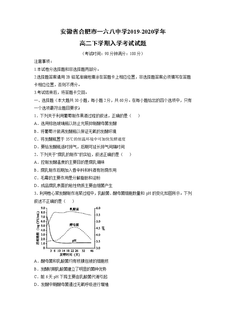 【生物】安徽省合肥市一六八中学2019-2020学年高二下学期入学考试试题01