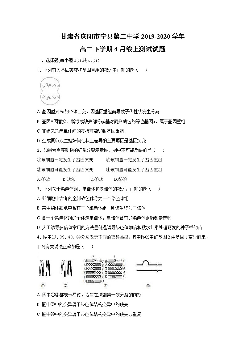 【生物】甘肃省庆阳市宁县第二中学2019-2020学年高二下学期4月线上测试试题01