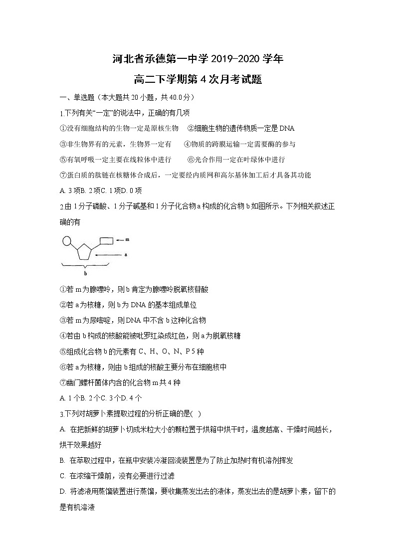 【生物】河北省承德第一中学2019-2020学年高二下学期第4次月考试题01