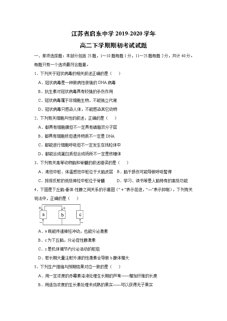 【生物】江苏省启东中学2019-2020学年高二下学期期初考试试题01