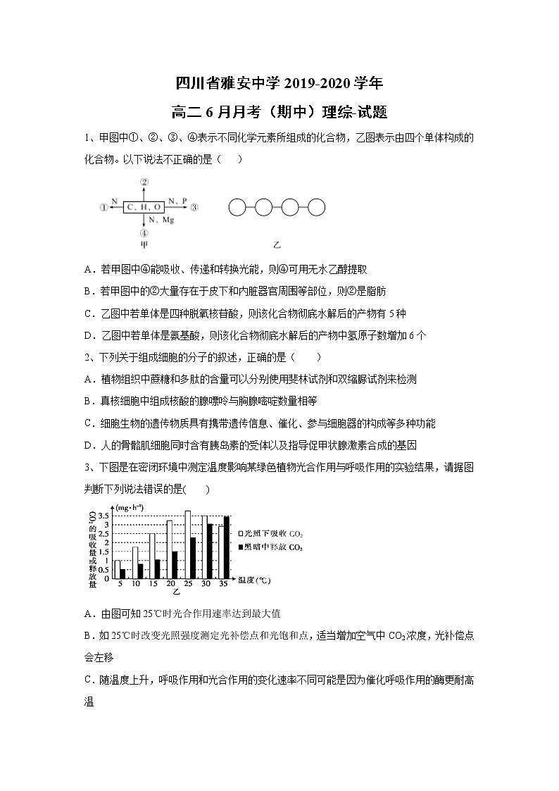 【生物】四川省雅安中学2019-2020学年高二6月月考（期中）理综-试题第1页