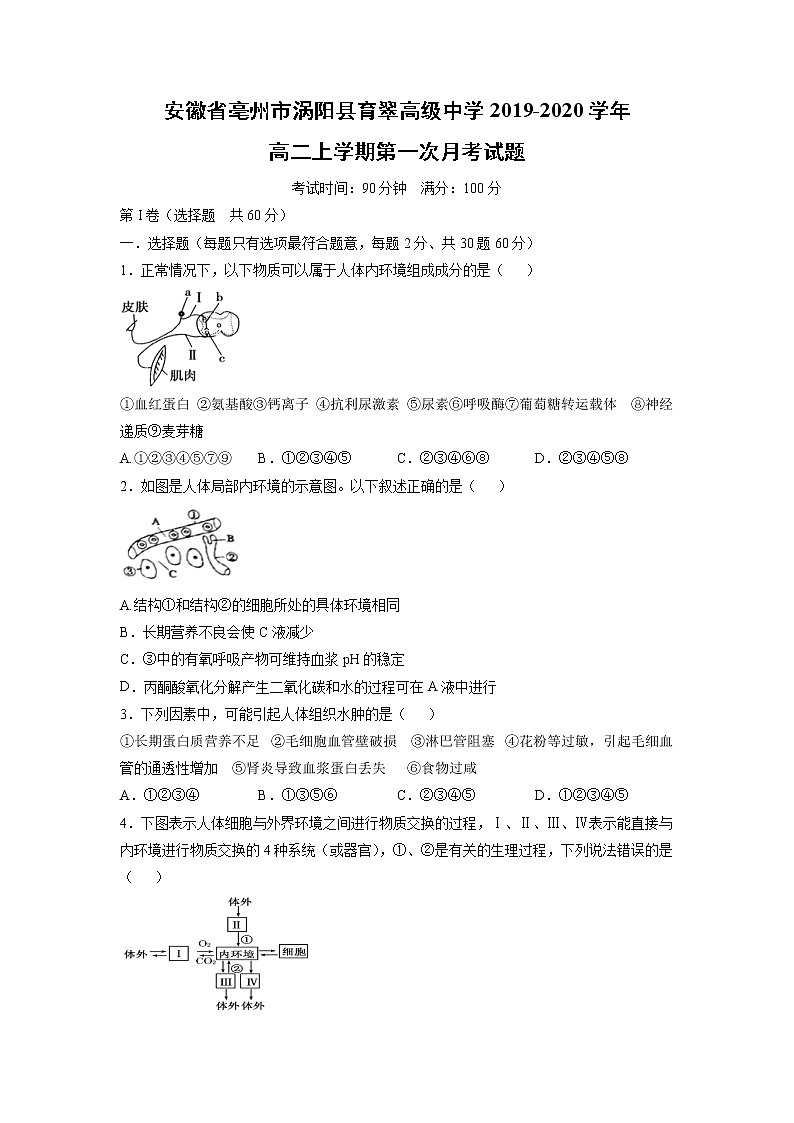 【生物】安徽省亳州市涡阳县育翠高级中学2019-2020学年高二上学期第一次月考试题01