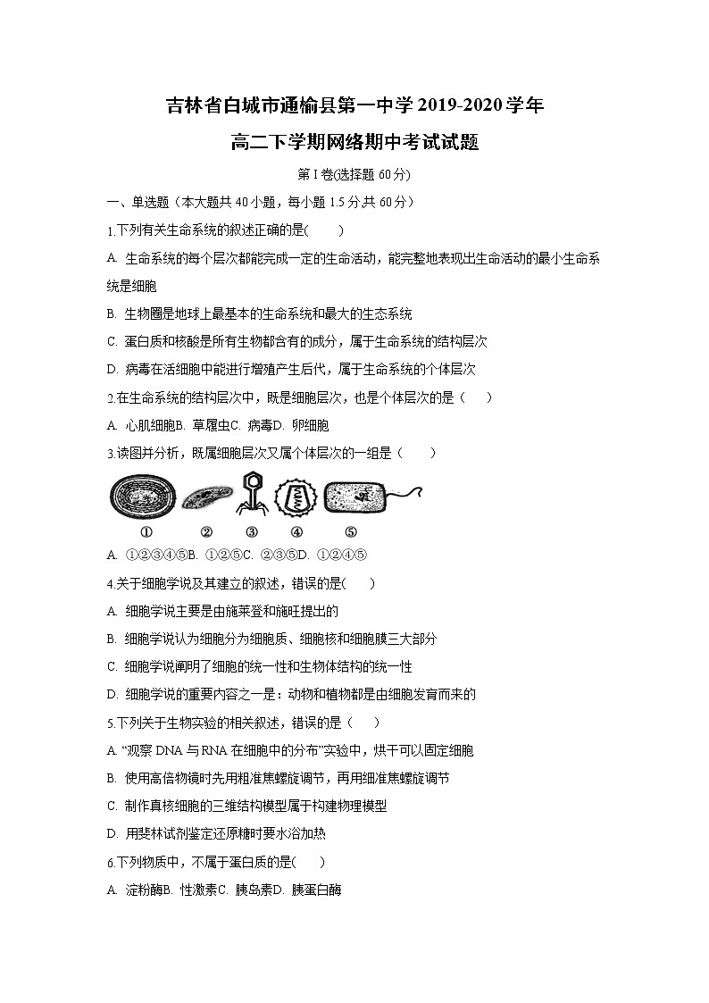 【生物】吉林省白城市通榆县第一中学2019-2020学年高二下学期网络期中考试试题（解析版）01