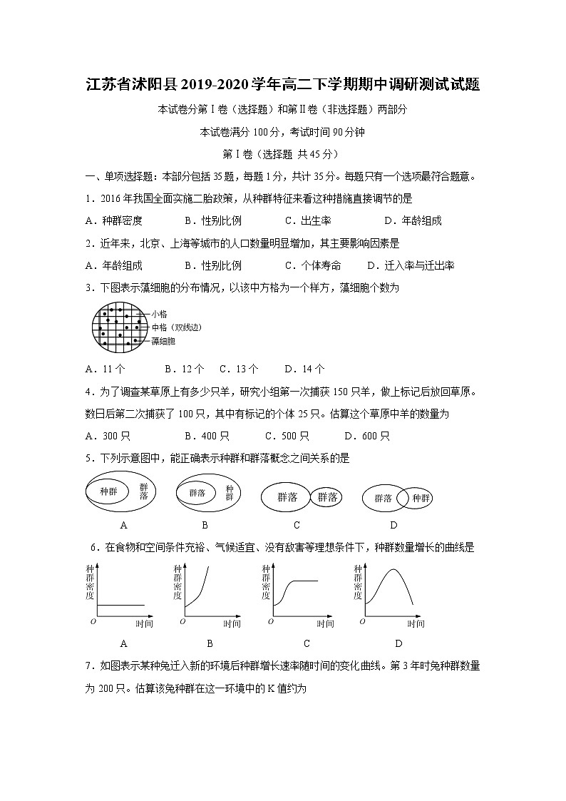 【生物】江苏省沭阳县2019-2020学年高二下学期期中调研测试试题01