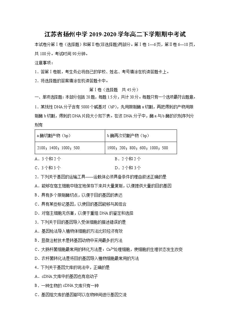 【生物】江苏省扬州中学2019-2020学年高二下学期期中考试01