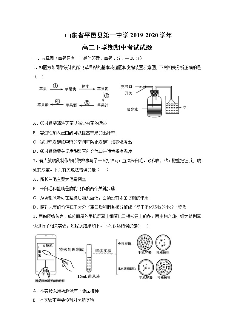 【生物】山东省平邑县第一中学2019-2020学年高二下学期期中考试试题第1页