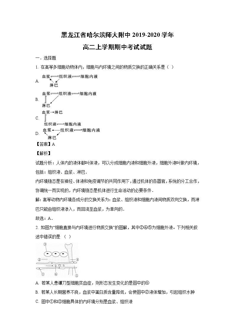 【生物】黑龙江省哈尔滨师大附中2019-2020学年高二上学期期中考试试题（解析版）01