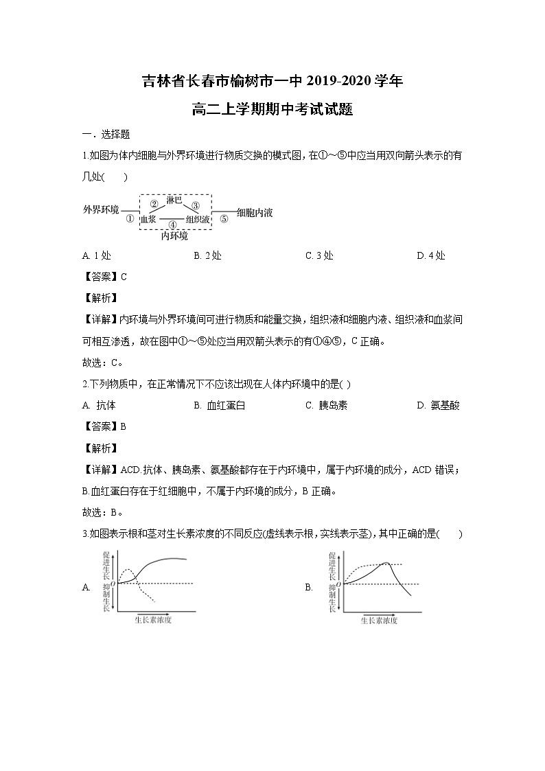 【生物】吉林省长春市榆树市一中2019-2020学年高二上学期期中考试试题（解析版）01
