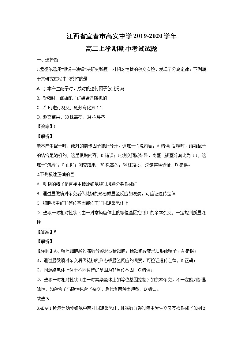 【生物】江西省宜春市高安中学2019-2020学年高二上学期期中考试试题（解析版）01