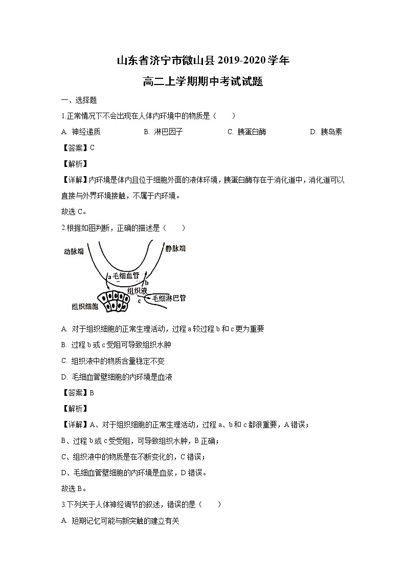 【生物】山东省济宁市微山县2019-2020学年高二上学期期中考试试题（解析版）01