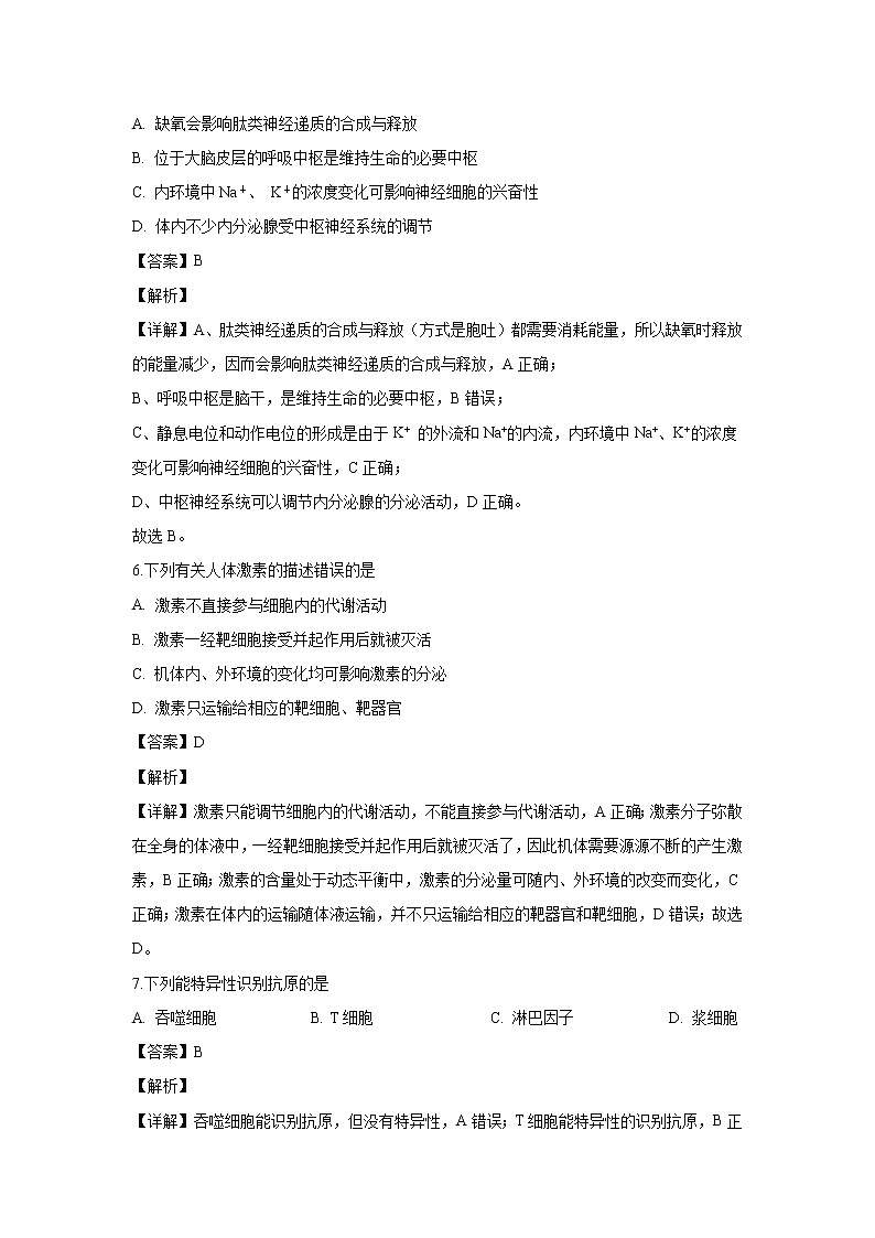 【生物】山东泰安肥城市2018-2019学年高二上学期期中考试试题（解析版）03