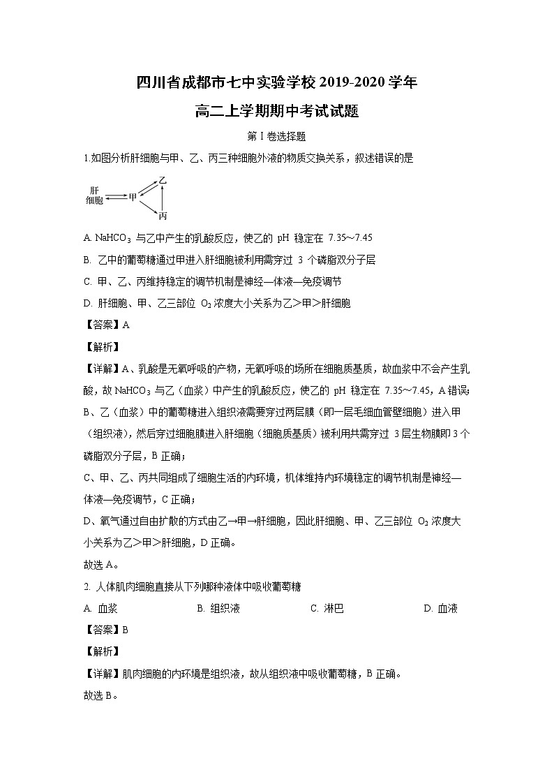 【生物】四川省成都市七中实验学校2019-2020学年高二上学期期中考试试题（解析版）01