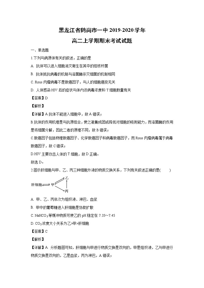 【生物】黑龙江省鹤岗市一中2019-2020学年高二上学期期末考试试题（解析版）01