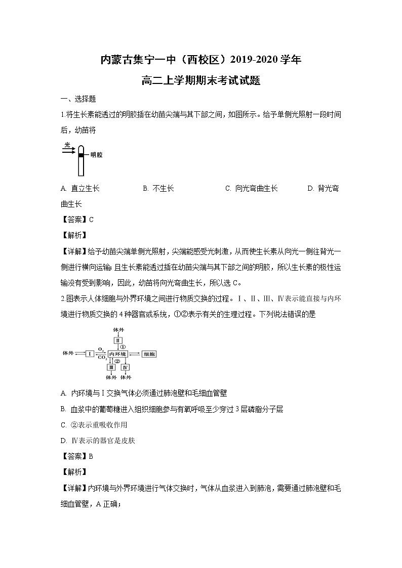 【生物】内蒙古集宁一中（西校区）2019-2020学年高二上学期期末考试试题（解析版）01