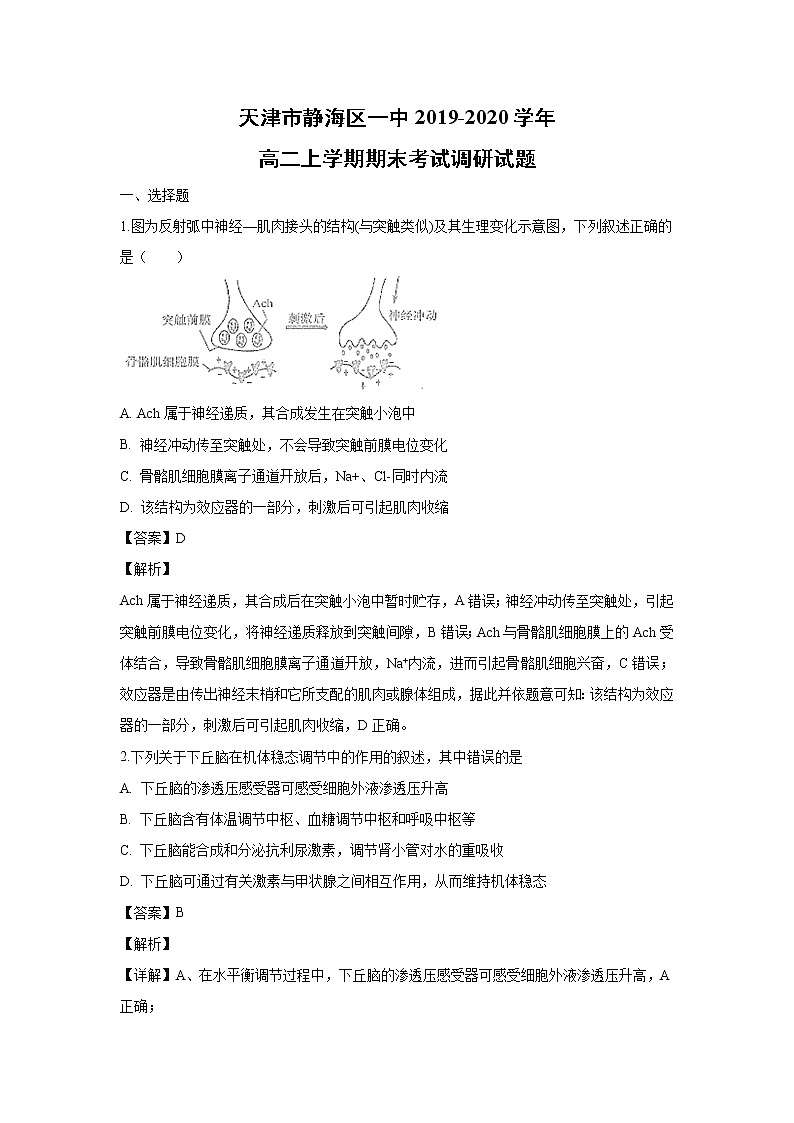【生物】天津市静海区一中2019-2020学年高二上学期期末考试调研试题（解析版）01
