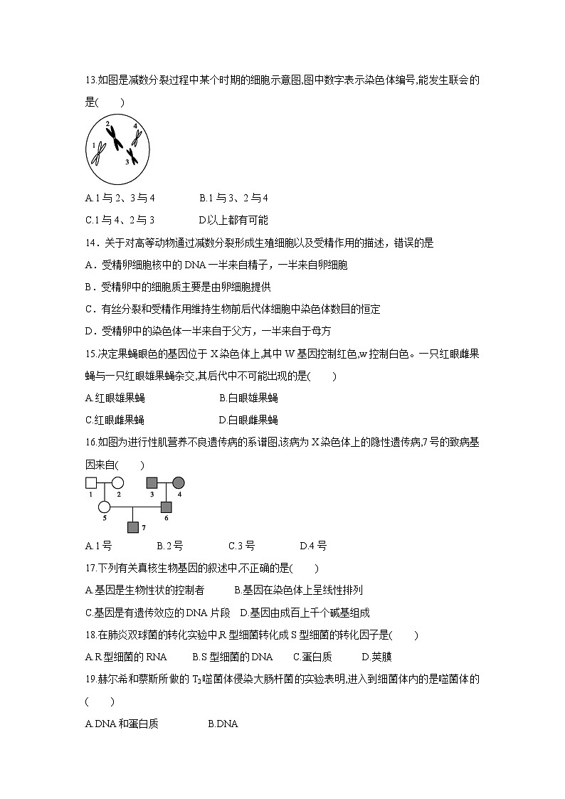 【生物】福建省莆田第一中学2019-2020学年高二上学期期末考试（合格性考试）试题03