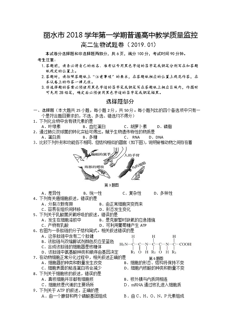 2018-2019学年浙江省丽水市高二上学期期末教学质量监控生物试题 Word版第1页