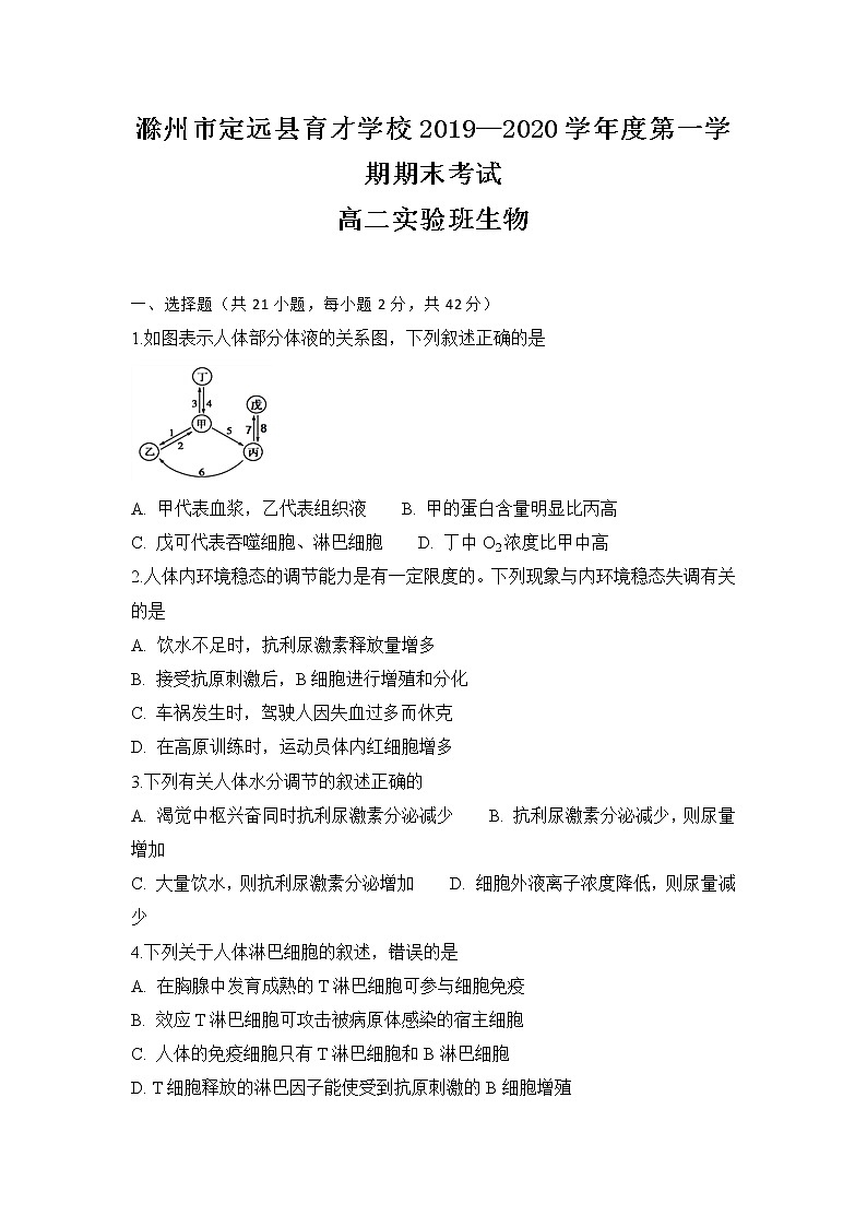 2019-2020学年安徽省滁州市定远县育才学校高二（实验班）上学期期末考试生物试题 Word版01