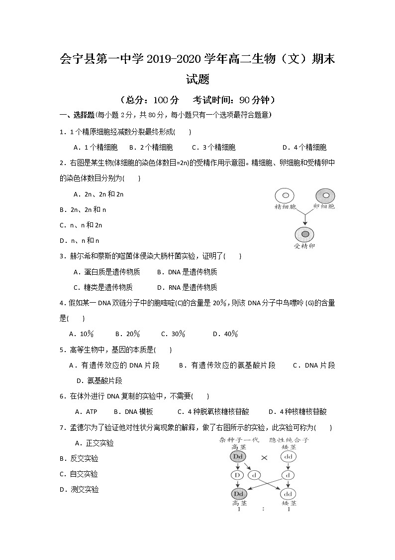 2019-2020学年甘肃省会宁县第一中学高二上学期期末考试生物（文）试题 Word版01