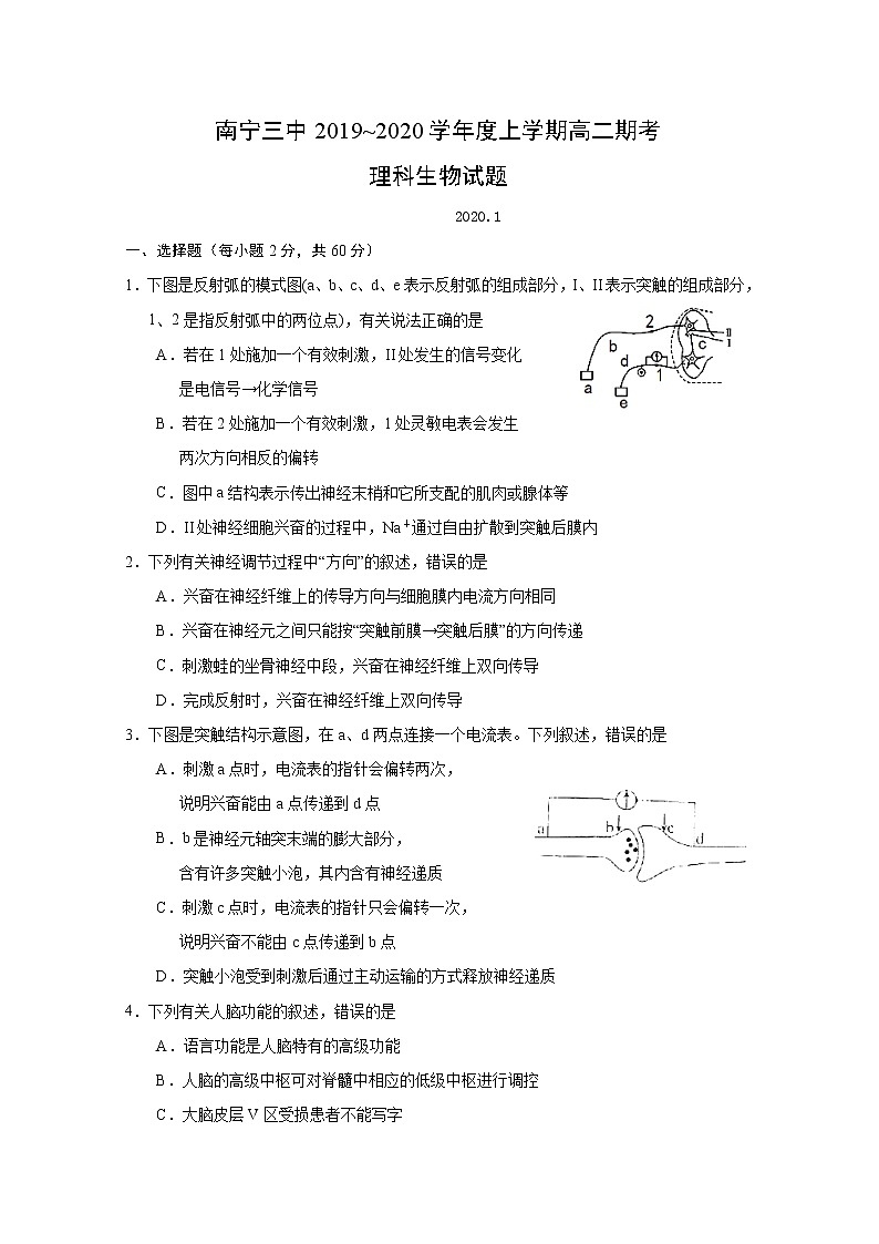2019-2020学年广西南宁市第三中学高二上学期期末考试生物试题 Word版01