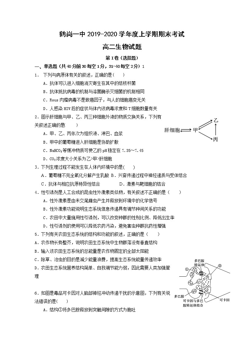 2019-2020学年黑龙江省鹤岗市第一中学高二上学期期末考试生物试题 Word版01