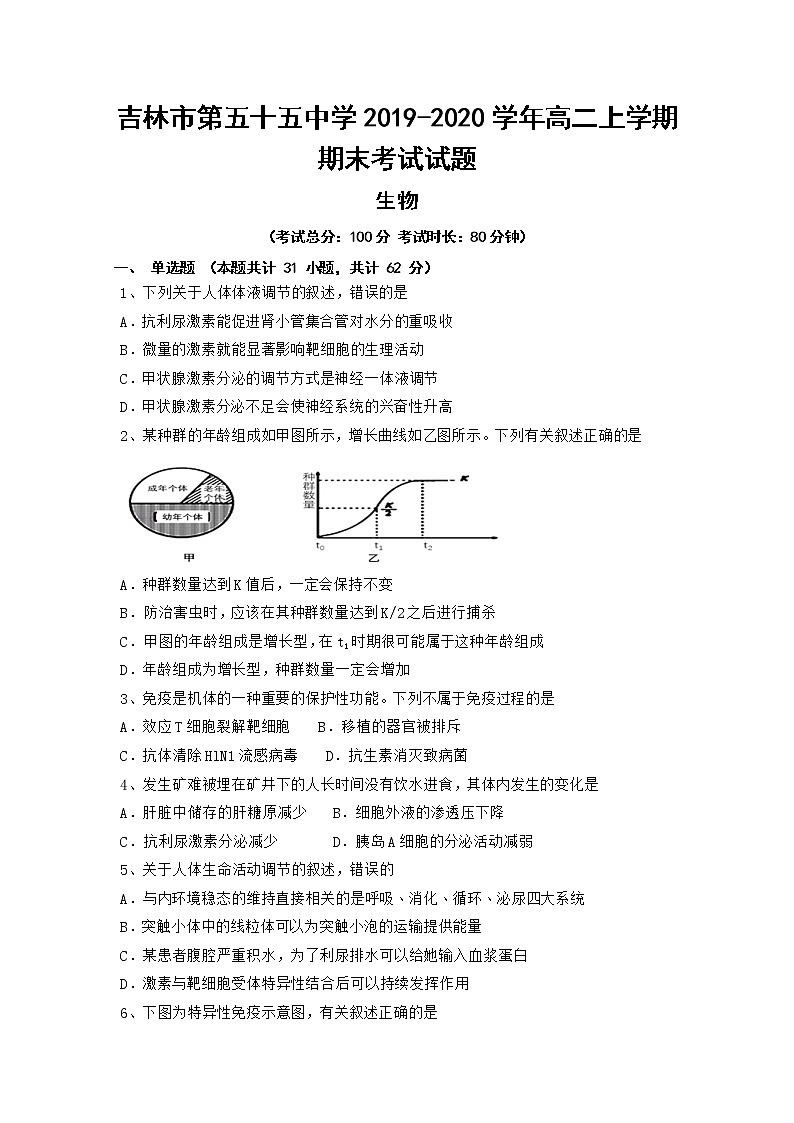 2019-2020学年吉林省吉林市第五十五中学高二上学期期末考试生物试题 word版01