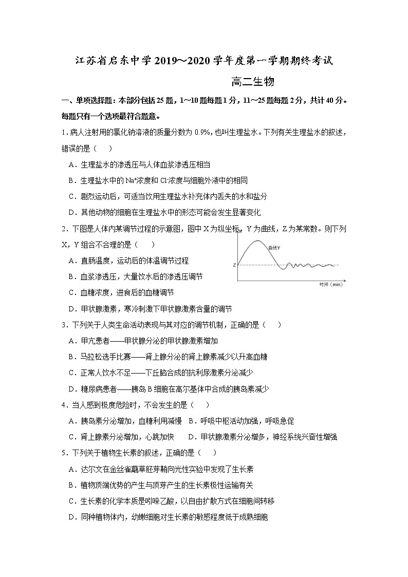 2019-2020学年江苏省启东中学高二上学期期末考试生物试题 word版01