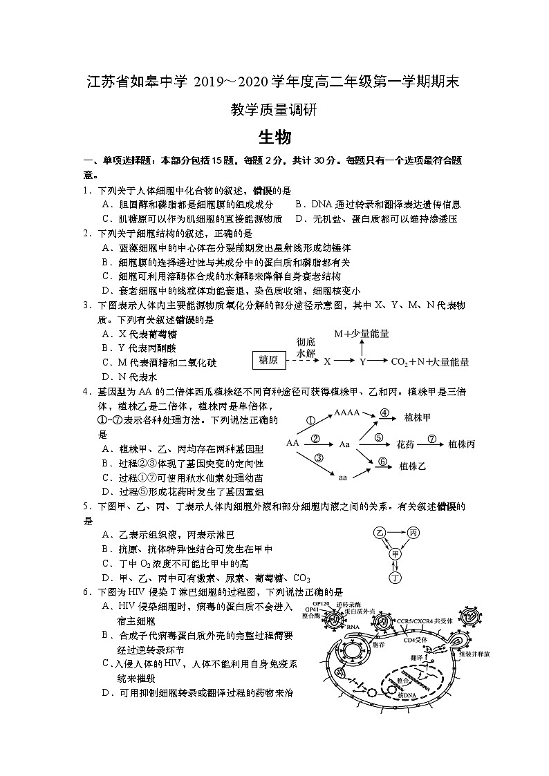 2019-2020学年江苏省如皋中学高二上学期期末教学质量调研生物试题 Word版01