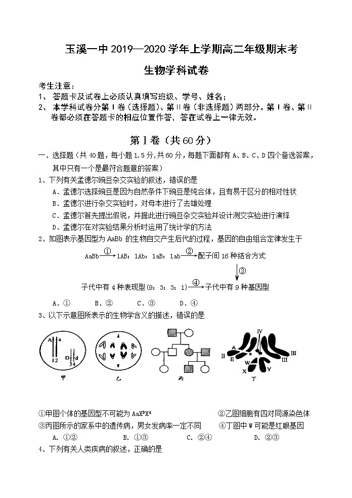 2019-2020学年云南省玉溪一中高二上学期期末考试生物试题 word版01