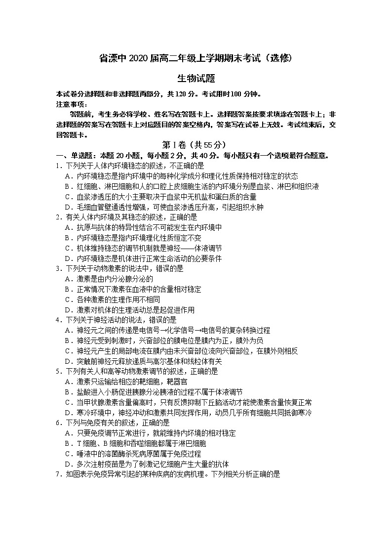 2018-2019学年江苏省溧水高级中学高二上学期期末考试 生物（选修） Word版01