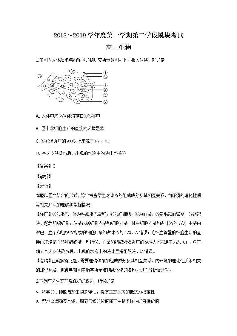 2018-2019学年山东省枣庄市高二上学期期末第二学段模块考试生物试题 解析版01