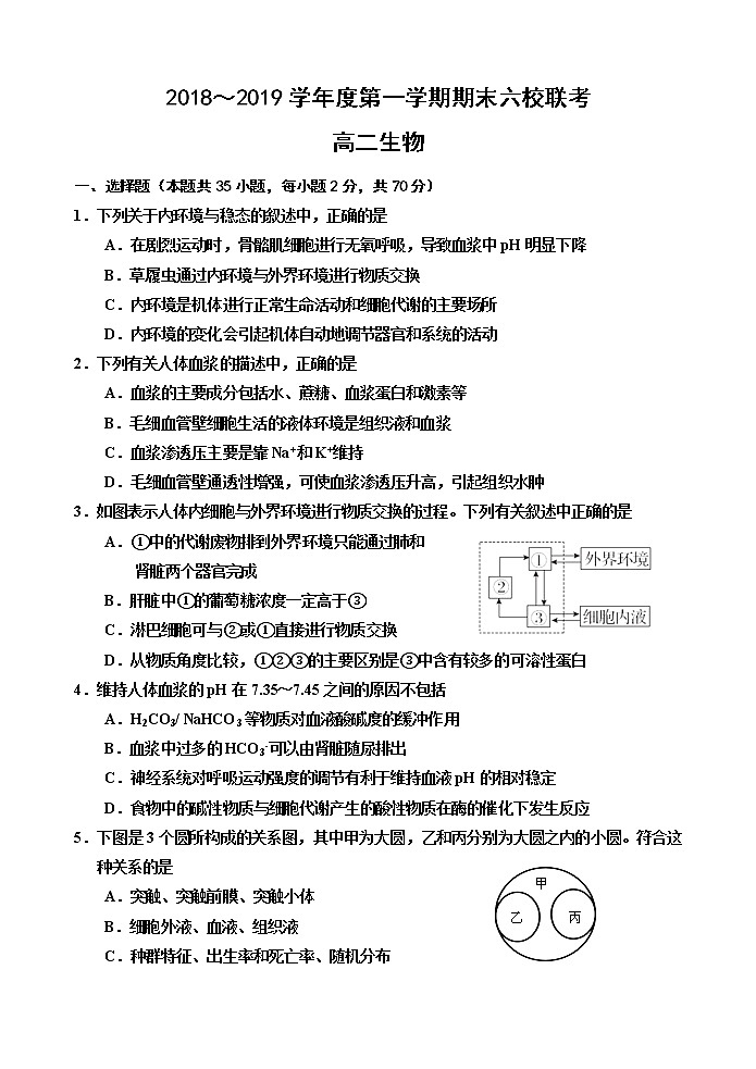 2018-2019学年天津市部分区六校高二上学期期末考试生物试题 Word版01