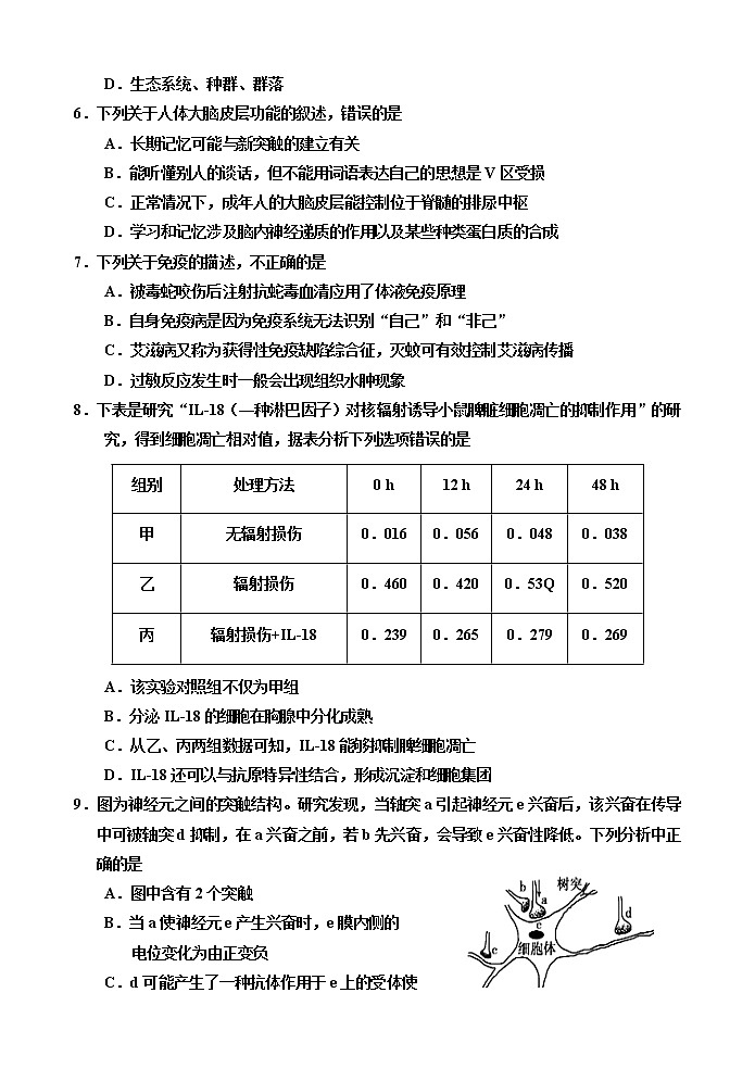 2018-2019学年天津市部分区六校高二上学期期末考试生物试题 Word版02