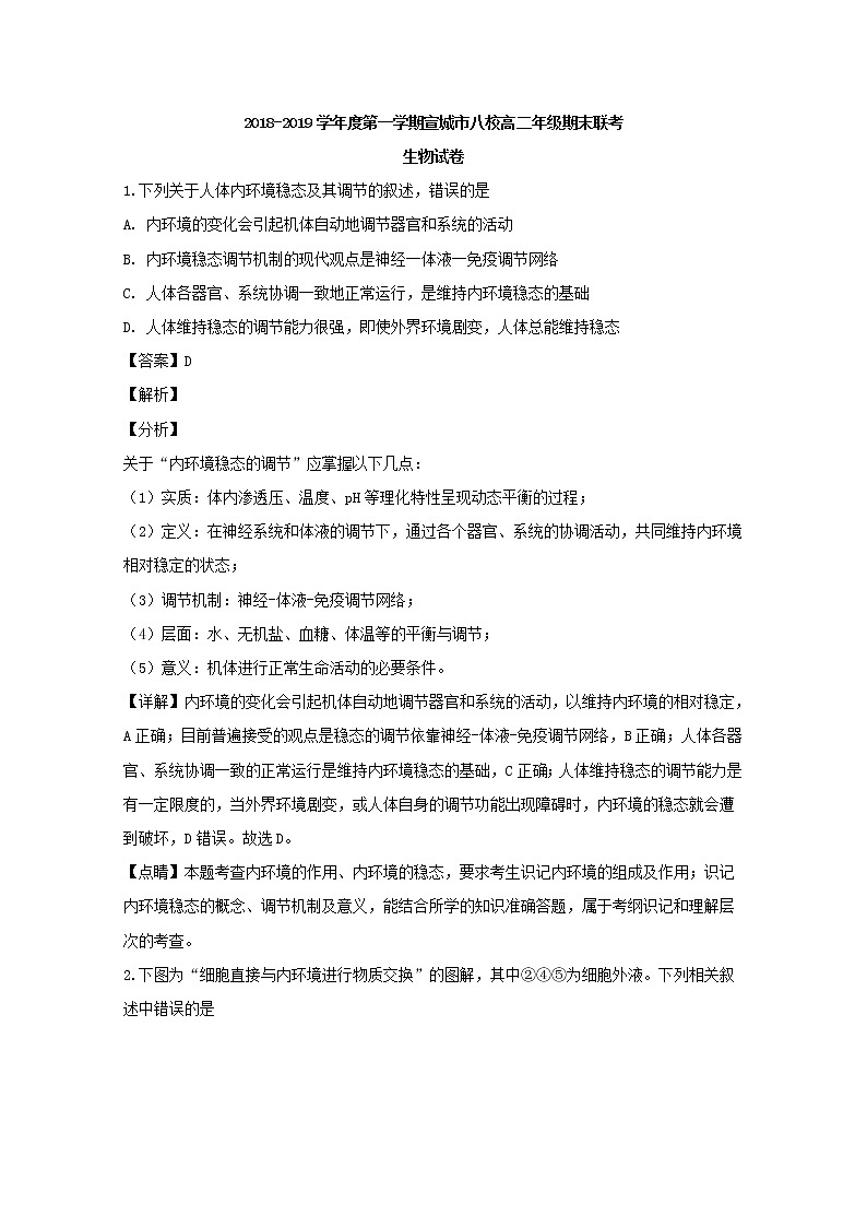2018-2019学年安徽省宣城市八校高二上学期期末联考生物试题 解析版第1页