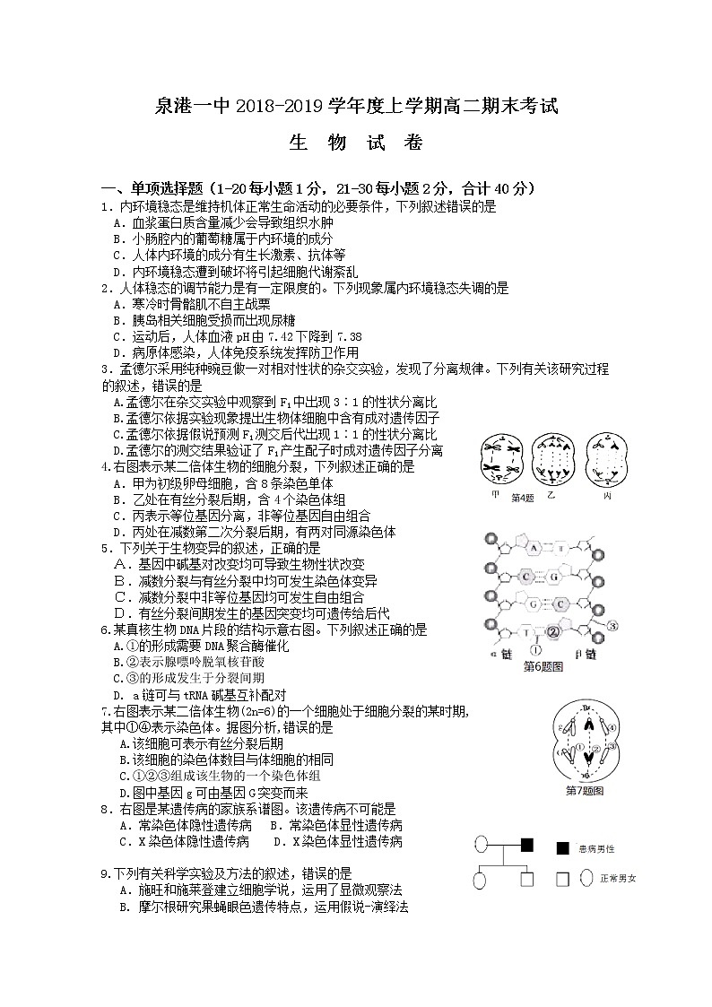 2018-2019学年福建省泉州市泉港区第一中学高二上学期期末考试 生物 word版01