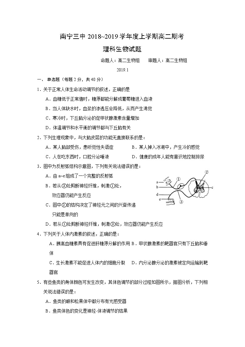 2018-2019学年广西南宁市第三中学高二上学期期末考试生物试题 Word版01