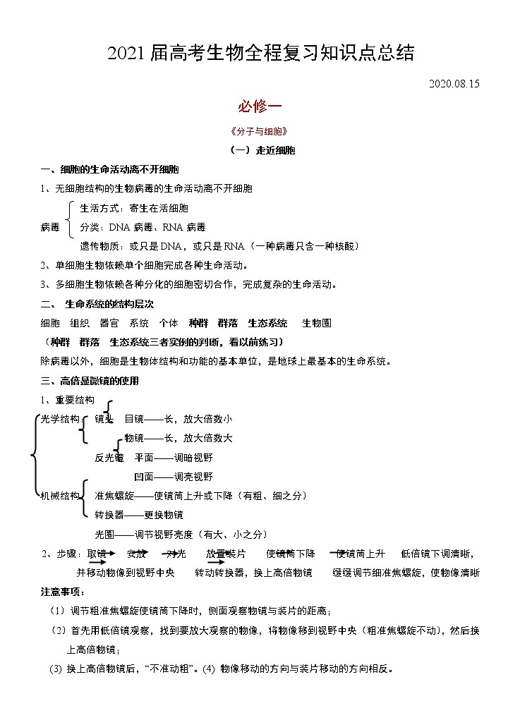 [精品]2021届高考生物全程复习知识点总结01