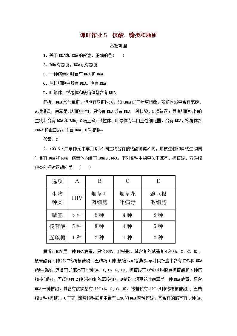 2021高考生物一轮复习课时作业5核酸糖类和脂质含解析第1页