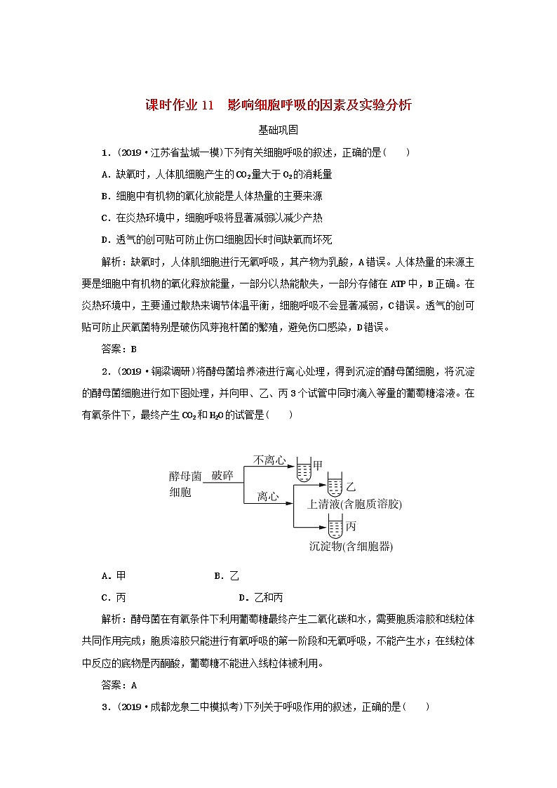 2021高考生物一轮复习课时作业11影响细胞呼吸的因素及实验分析含解析第1页