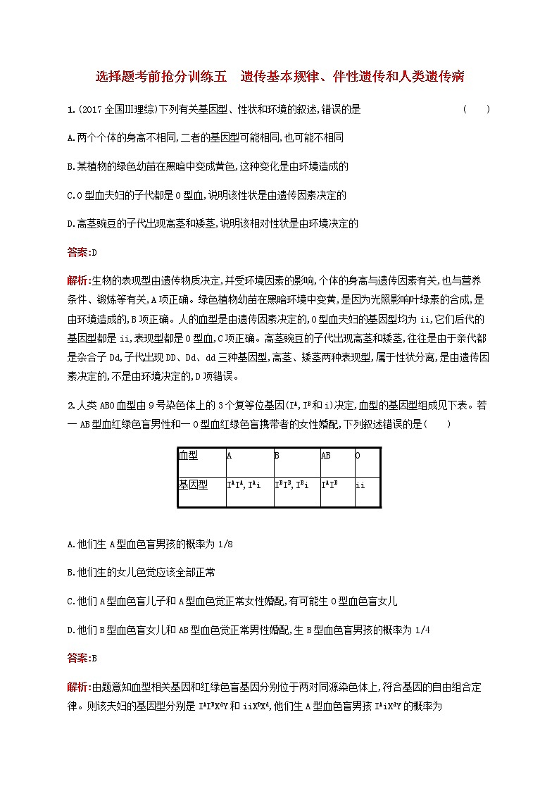 广西专用2020高考生物二轮复习选择题考前抢分训练5遗传基本规律伴性遗传和人类遗传病含解析01