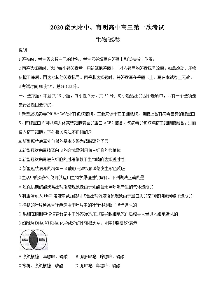 辽宁省锦州市渤大附中、育明高中2021届高三上学期第一次联考试题 生物（含答案）01