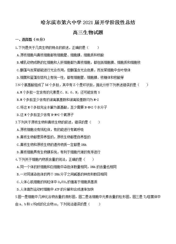 黑龙江省哈尔滨市第六中学校2021届高三上学期开学考试 生物（word版含答案）01