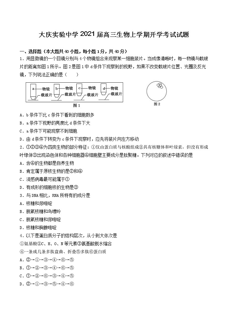 黑龙江省大庆实验中学2021届高三上学期开学考试 生物（含答案）01