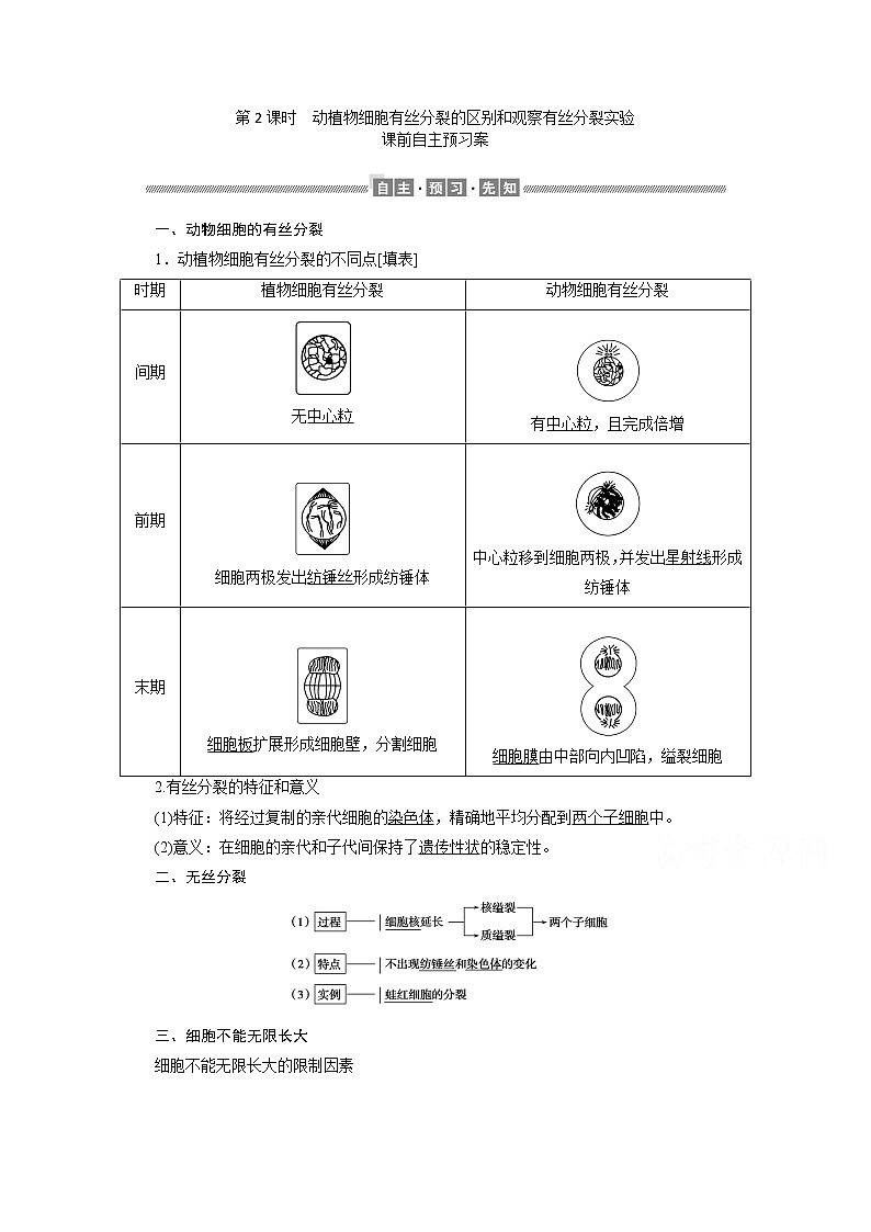 （新）人教版高中生物必修1学案：6.1.2 动植物细胞有丝分裂的区别和观察有丝分裂实验（含解析）01