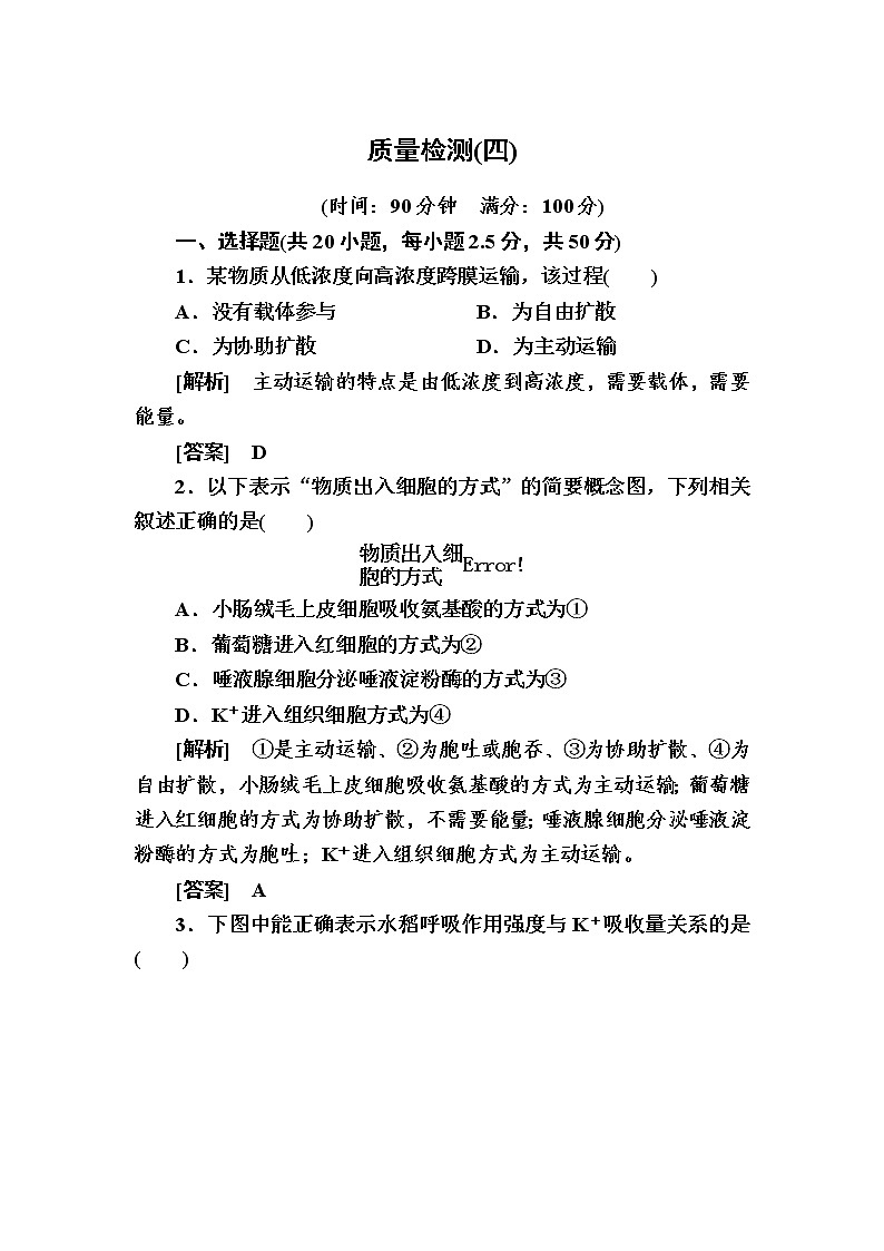 （新）人教版高中生物必修1单元质量检测：4　细胞的物质输入和输出（含解析）01