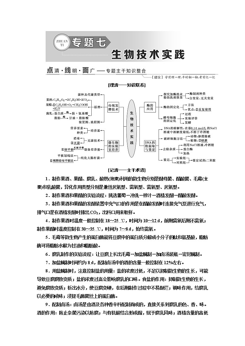 2019版二轮复习生物江苏专版讲义：第一部分专题七生物技术实践01