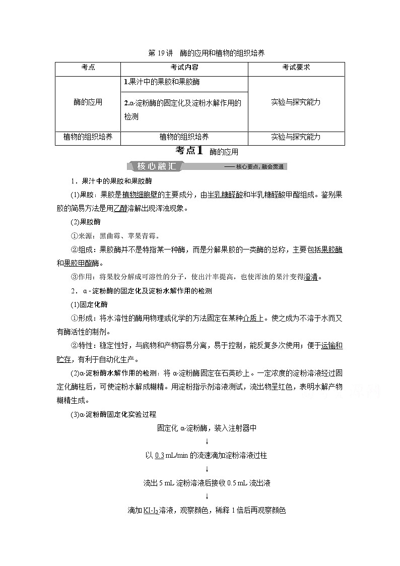 2020浙江高考生物二轮讲义：第19讲　酶的应用和植物的组织培养01