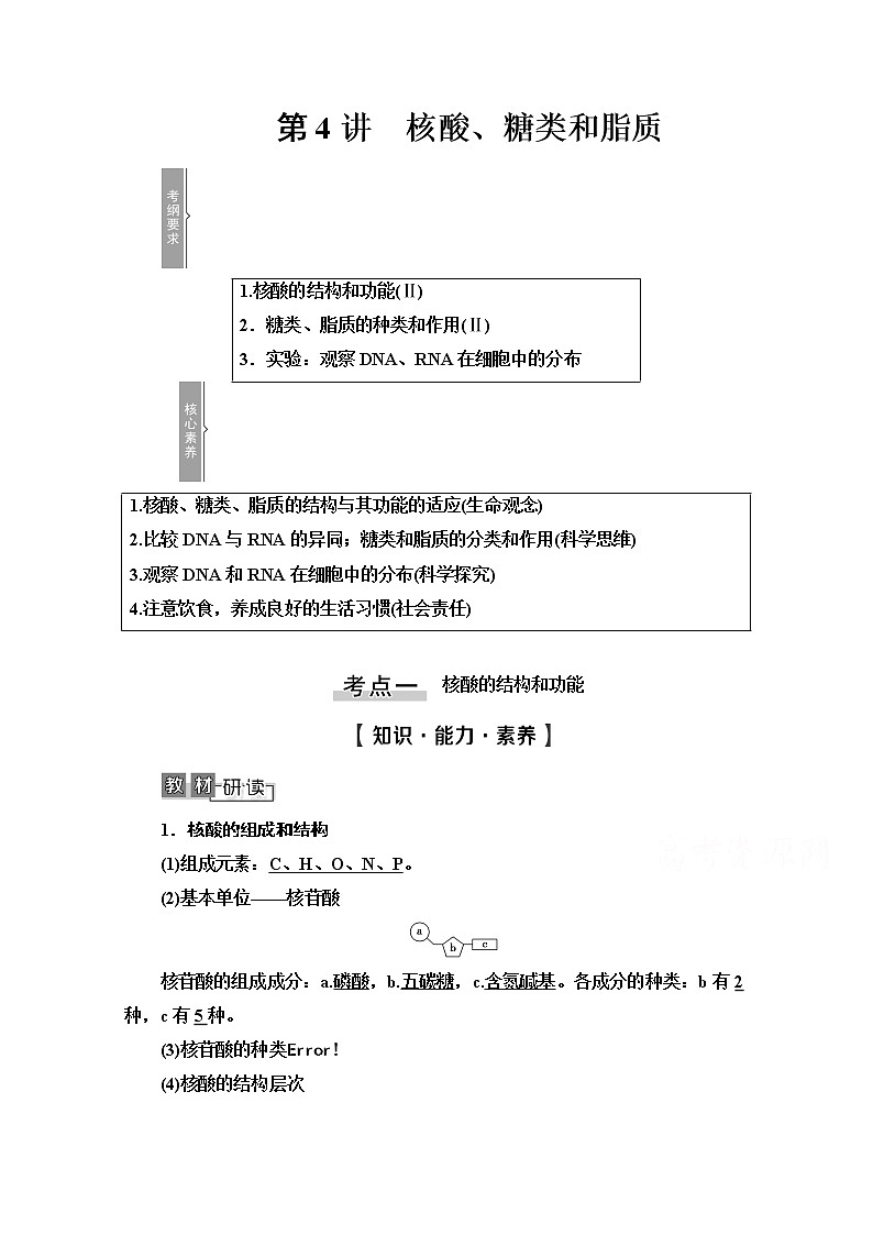 2021高三生物人教版一轮教师用书：必修1第1单元第4讲　核酸、糖类和脂质第1页